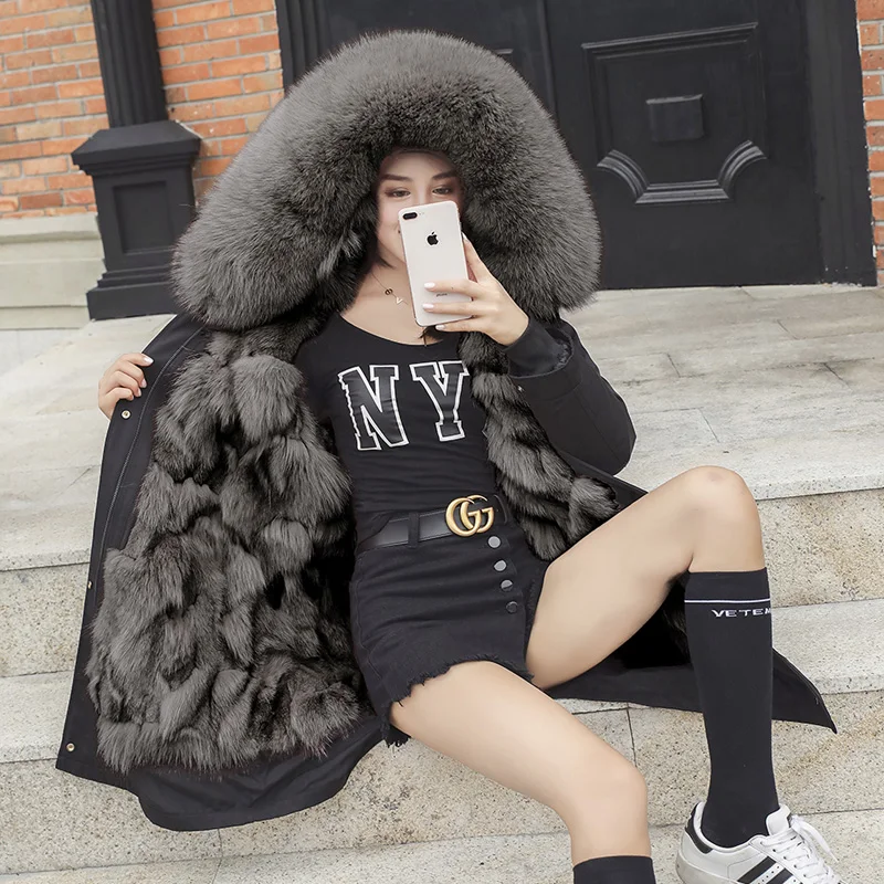 Вечерние зимние новинка 2020 лисий мех внутри пальто с капюшоном женские средней