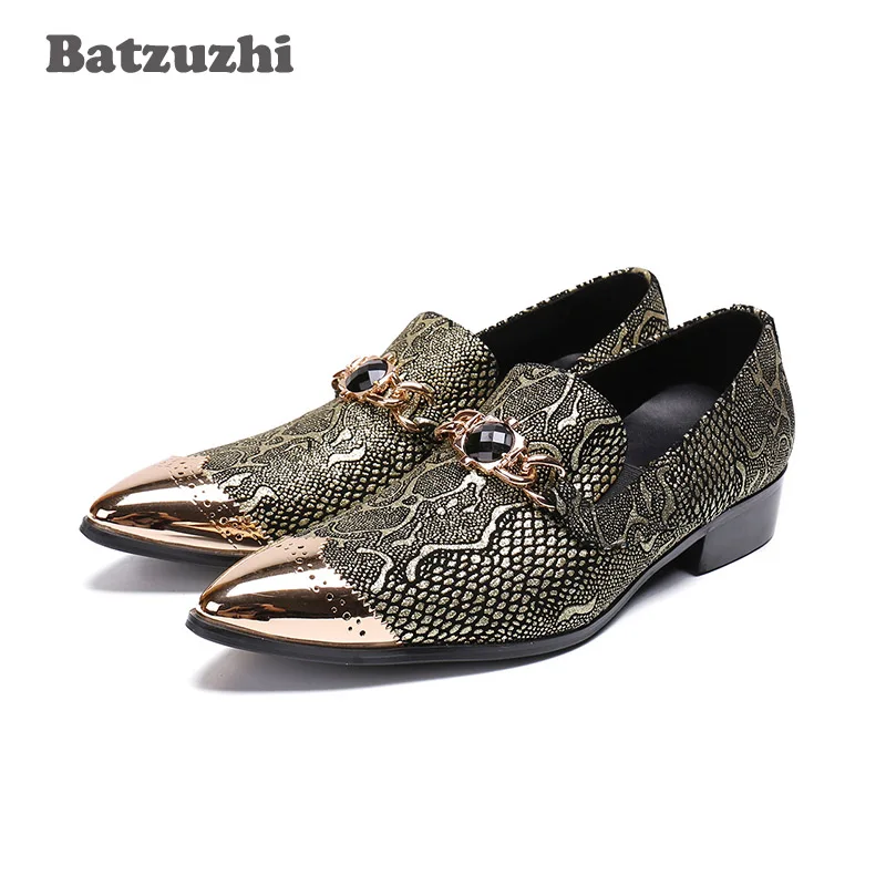 

Batzuzhi Handmade Mens Shoes Pointed Metal Toe Fish Scale Pattern Leather Men's Loafers Shoes Flats Designer's Formal Shoes Men