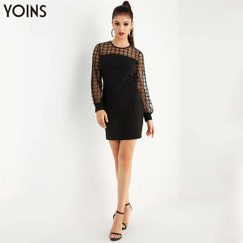 YOINS 2020 осенне-зимнее женское платье стильное полупрозрачное черное Сетчатое с