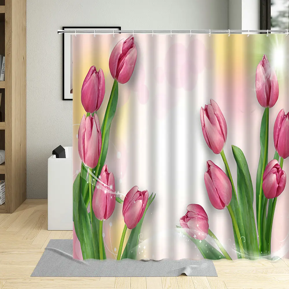 

Flower Shower Curtains Spring Floral Plant Tulips Scenery Home Bathroom Curtains Waterproof Polyester Bathtub Decor With 12 Hook