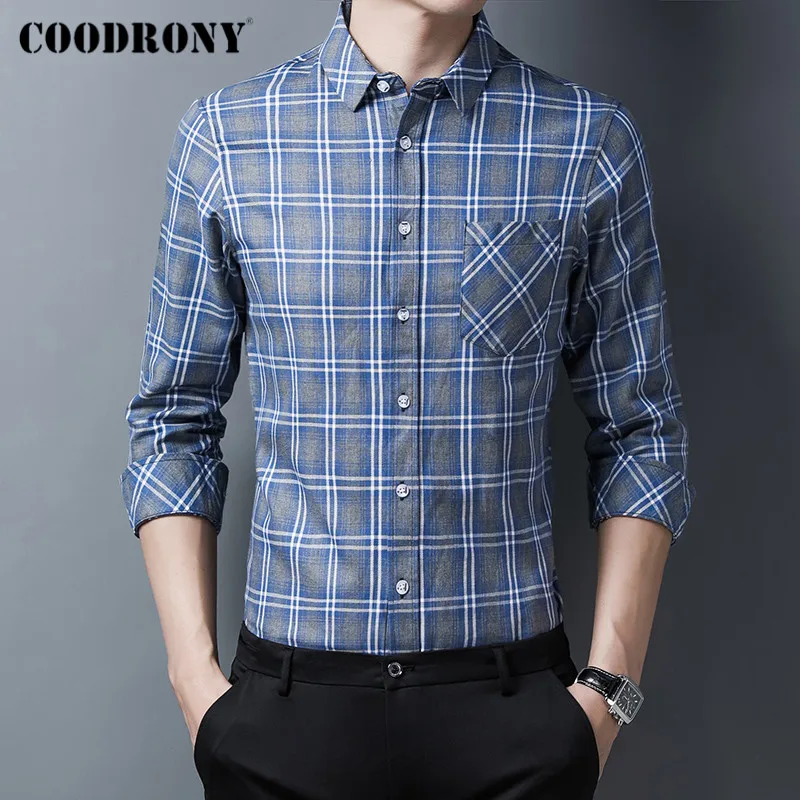 

COODRONY Brand Spring Autumn New Arrival High Quality Business Casual Real Pocket Long Sleeve 100% Cotton Plaid Shirt Men C6160
