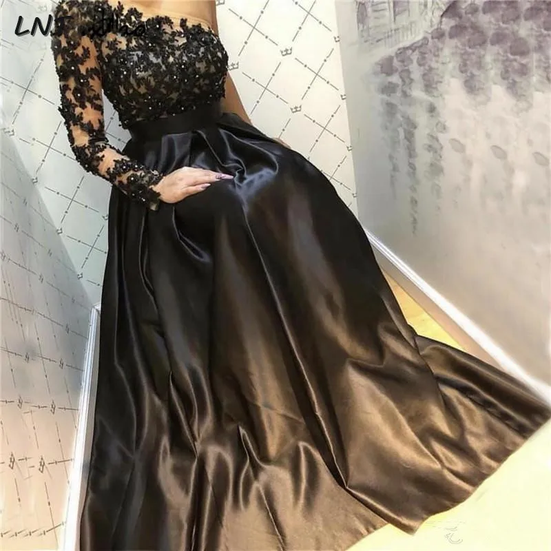 

One Shoulder Black Evening Gowns Appliqued Pageant Dresss Long Formal Wear