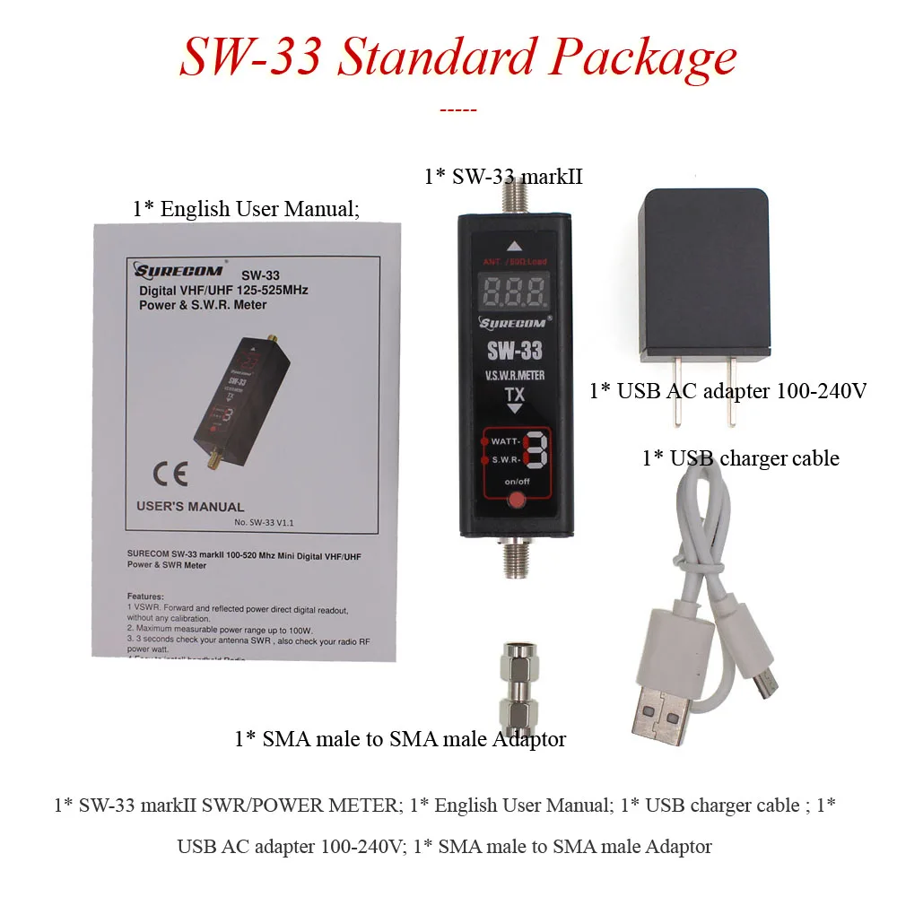 

SURECOM SW-33 Mini Power&SWR Meter VHF/UHF 100MHz-520MHz Portable Tester for Ham Two Way Radio SW33