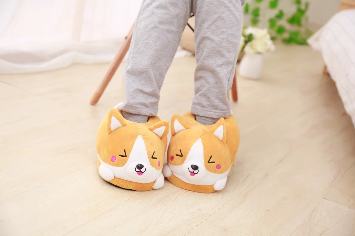 Lovely Corgi Shoes Heeled Cartoon Animals Dog Slippers Plush Indoor Floor Shoes Anti-slip Girls Ladies Friend Gift