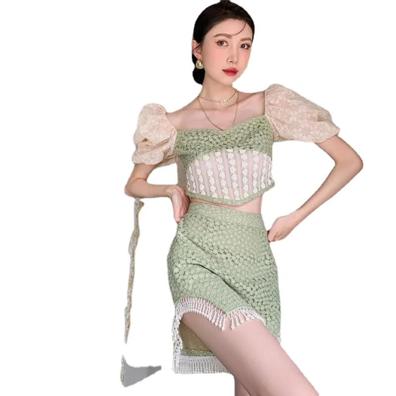 

Vintage Two Pcs Suit Female Retro Chic Summer Hot Girl 2 Piece Dress Set Tassels Hollow Out Lace Fairy Fashion Short Skirt Sets