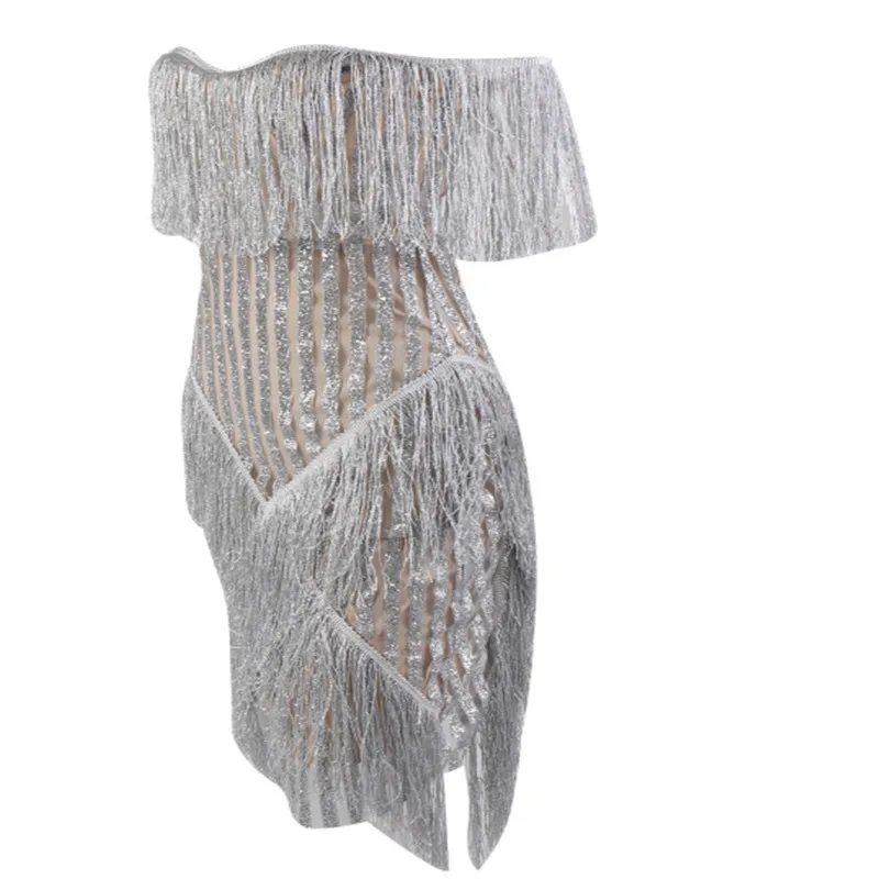 

IFox 2020 Sexy Strapless Boat Neck Women Dress Charming Spring and Summer Glitter Elegant Party Dress with Tassel