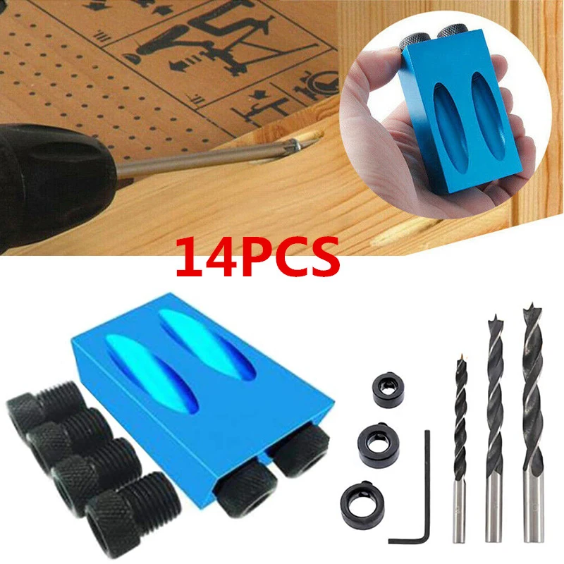 

14Pcs Woodworking Oblique Hole Screw Locator Drill Bits Pocket Hole Jig Kit Degree Angle Drill Guide Set Puncher Carpentry Tool