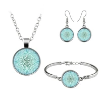 hinduism buddhism mandala om jewelry set cabochon glass pendant necklace earring bracelet totally 4 pcs for womens unique gifts