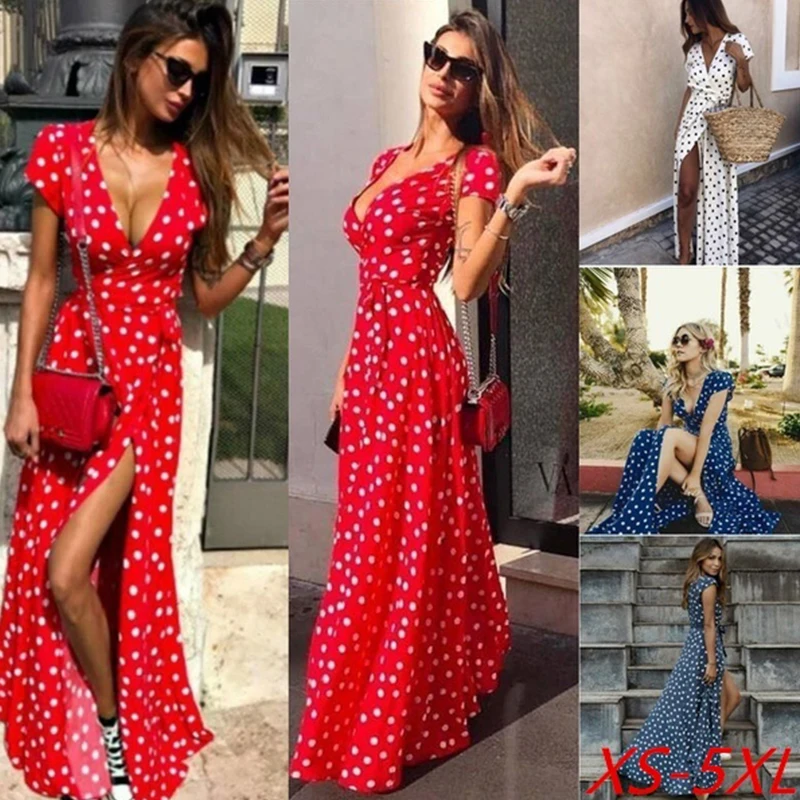 Модная Летняя женская обувь В богемном стиле Красный длинное платье в горошек