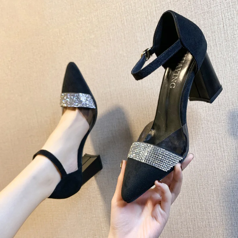 

New pointed diamond high heel shoes women's hollow out thick heel sandals with one line buckle and shallow mouth single shoes