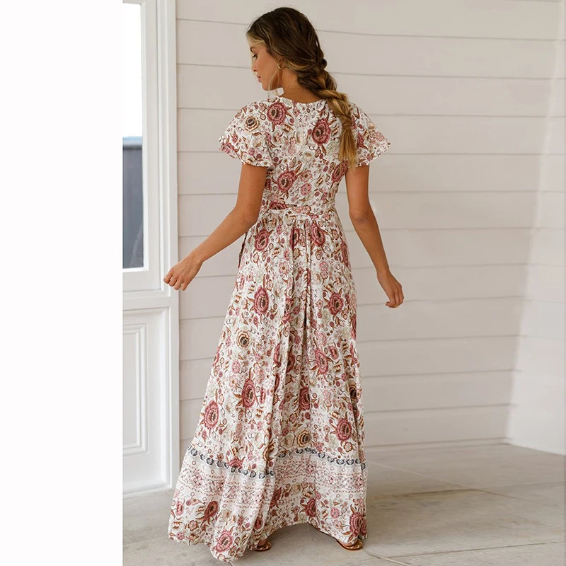 

2019 Summer New Style Long Girl One Piece Dress Bohemia Lace Print Beach Holiday Dress With A Thin Plunging V-neck Dress