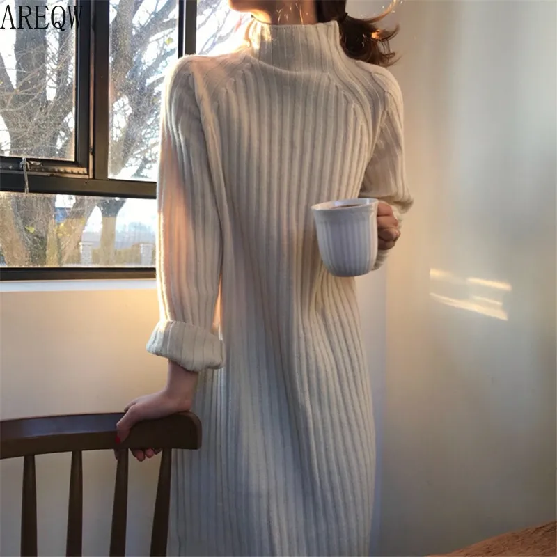 Женский зимний длинный свитер платья пуловер водолазка вязанный Vestidos свободный