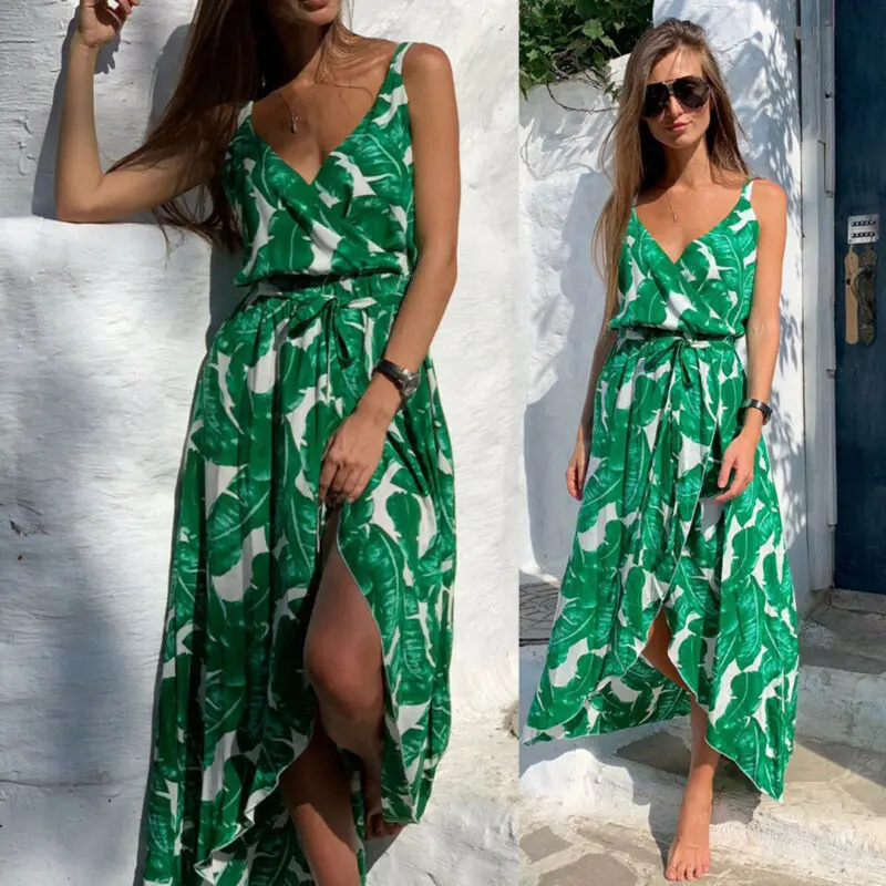 

Sexy Women Boho Maxi Floral Dress V-Neck Summer Holiday Sleeveless Split Dress