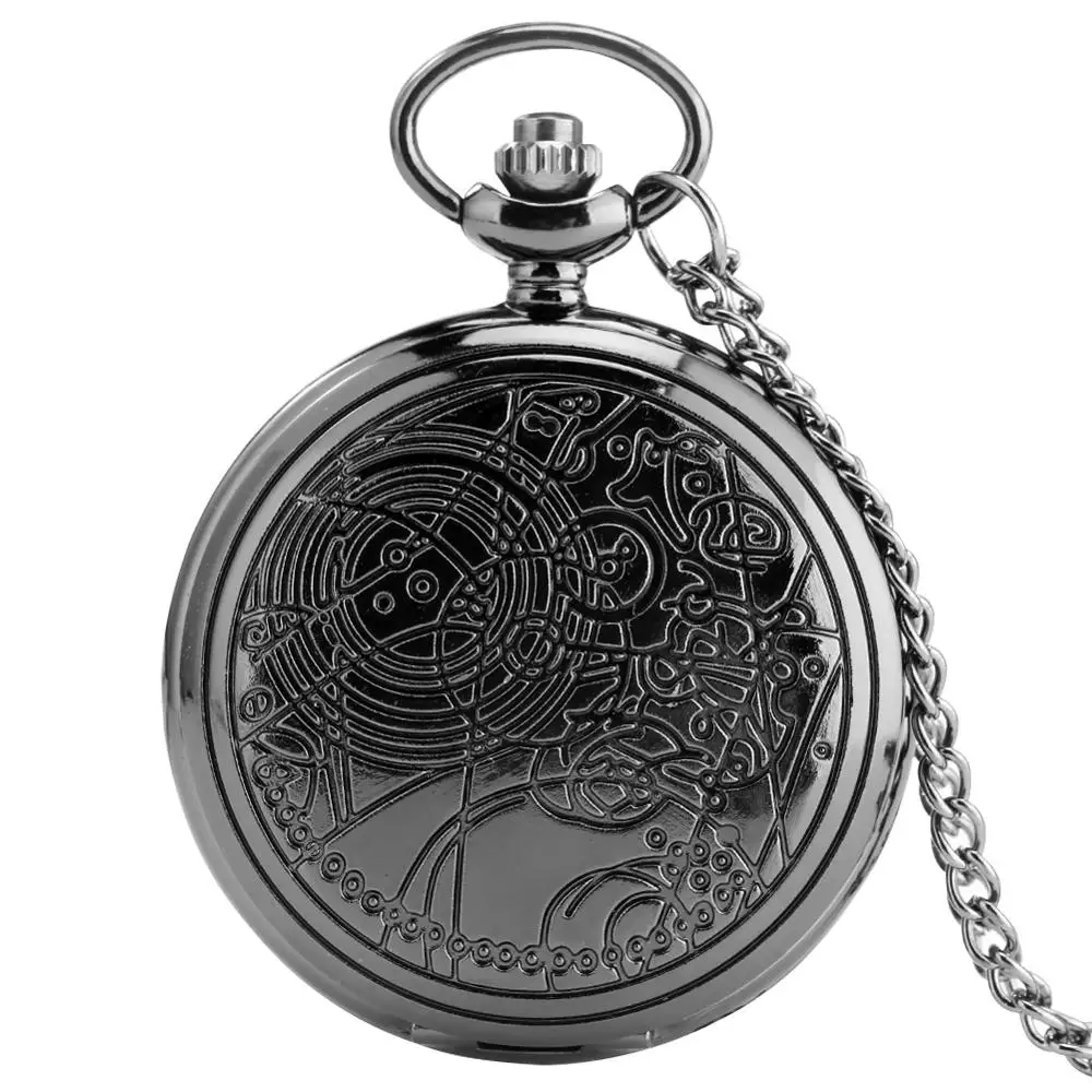 

Black Theme of Full Hunter Doctor Who Pocket Watches with Arabic Numerals Cosplay Pendant Chain Vintage Collection Gift Unisex