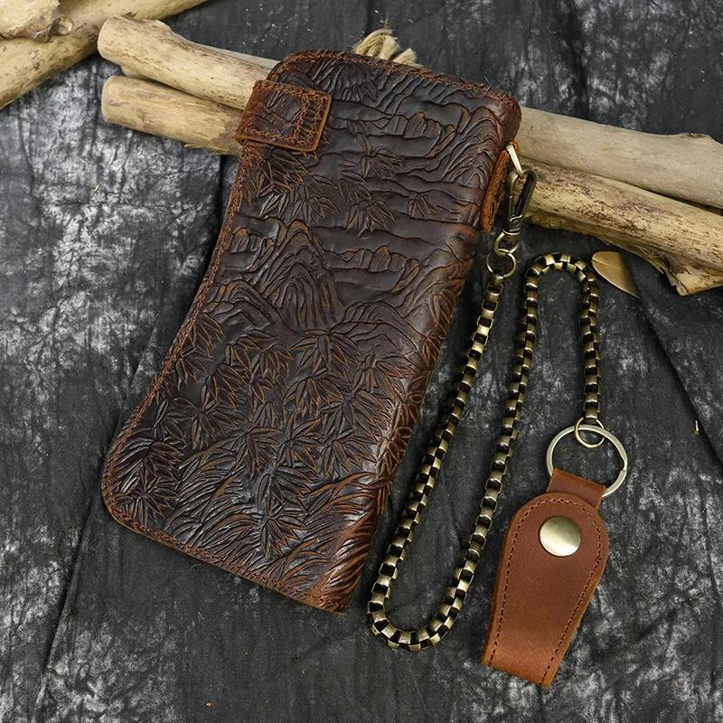 Мужской кошелек из натуральной кожи с цепочкой двойной складной кожаный чехол