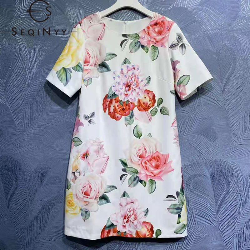 

SEQINYY Mini Dress Summer Spring New Fashion Design Women Runway Rose Flowers Print Vintage Beading Sequins Straight Casual