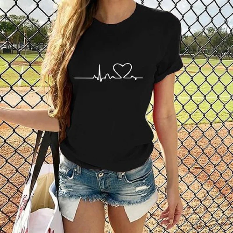 

fashion European and American love printing multi-color pattern round neck top casual short-sleeved T-shirt women