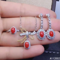 kjjeaxcmy fine jewelry natural red coral 925 sterling silver women pendant earrings ring set support test trendy hot selling