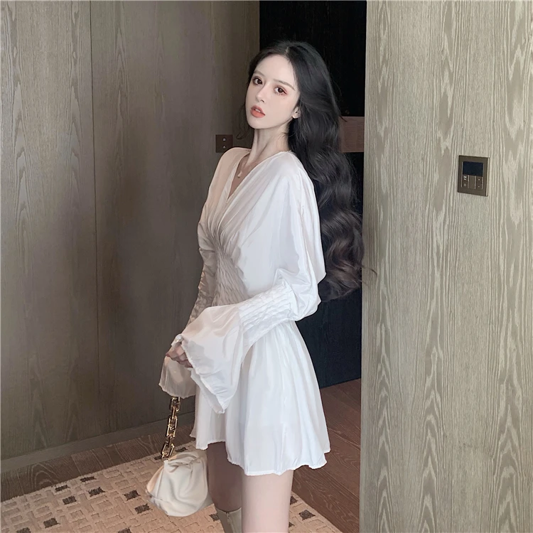 

2021 Spring And Autumn New Korean V-Neck Solid Color Dress High Waist Flare Long Sleeved A-Line Vestidos Women's Clothing