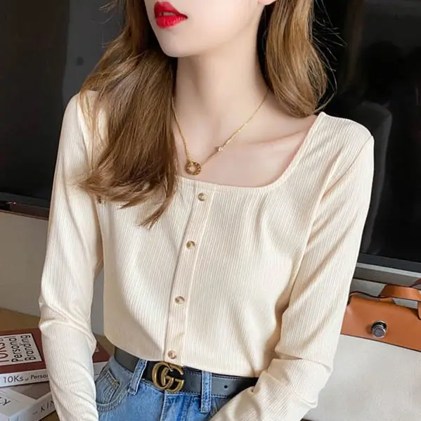 

Casual Long Sleeve Women's T-shirts Tops Slim Autumn Pulovers Square Collar Plain Clothes Fashion Korean Fashionable All-match