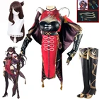 Костюм для косплея Game Genshin Impact, женский черный, красный костюм, накидка, штаны, перчатки, парики, ботинки