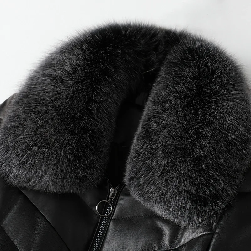 2021 Winter Genuine Leather Sheep Skin Duck Down Jacket Fox Hair Collar Overcoat Female Thick Warm High Quality Black Clothing