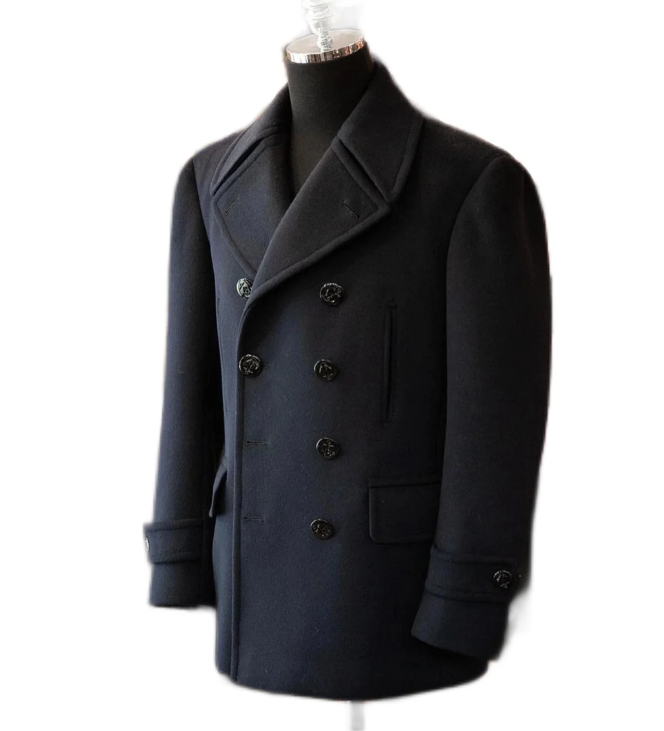 

Men's Woolen Coat Winter Warm Solid Black Double-Breasted V-Sleeve Long Jacket Casual Fashion Handsome Overcoat New Design Male