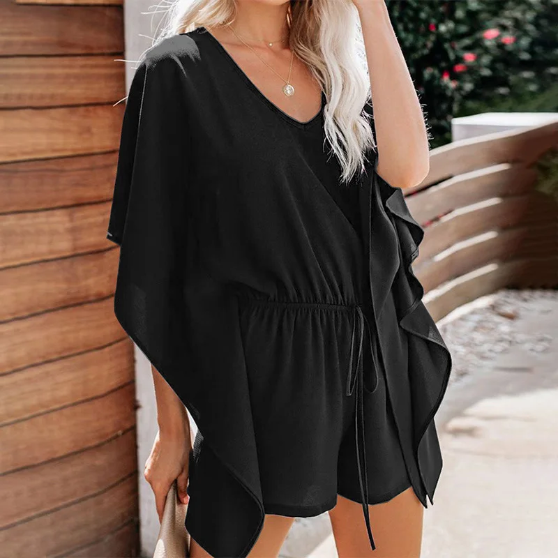 

V-neck High Waist Women Playsuits Drawstring Batwing Sleeve Playsuit Girls 2021 Summer Casual Loose Rompers Streetwear Female