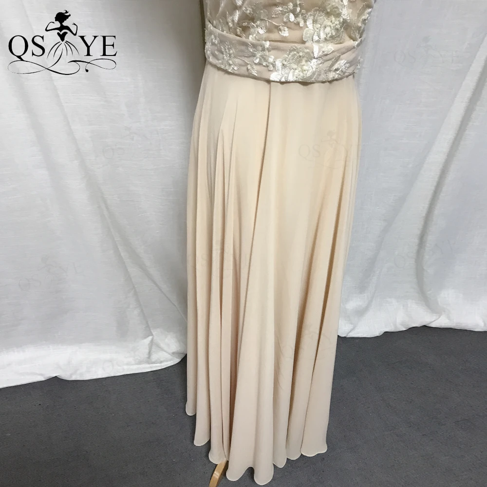 

QSYYE Champagne Prom Dresses Chiffon Floor Length V Neck Evening Dress Long Lace Appliques Bead Party Formal Gown Sash
