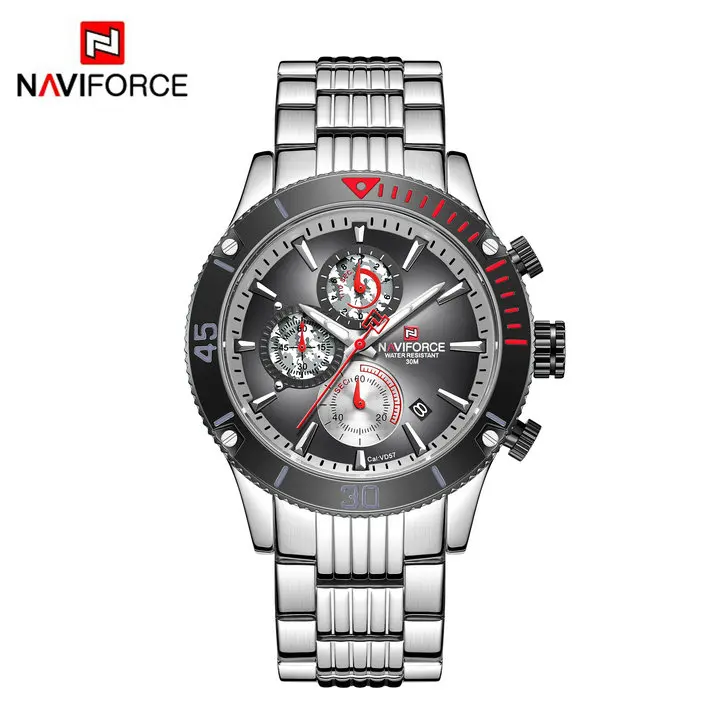 SILVER GRAY Роскошные брендовые кварцевые часы NAVIFORCE, водонепроницаемые модные спортивные часы с хронографом, ремешок из нержавеющей стали, военные армейские наручные часы - Цвет: SILVER GRAY