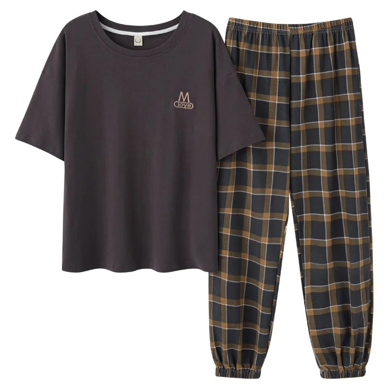 

Summer Ladies 100% Cotton Short Sleeve Trousers Pajama Set Women Comfortable Lattice Plus Size Casual Home Clothes Pyjama Fille