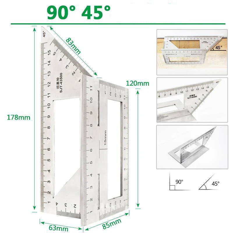 

45/90 Degree Aluminum Alloy Woodworking Angle Ruler Alloy Ruler Ruler Line Rule Multifunctional