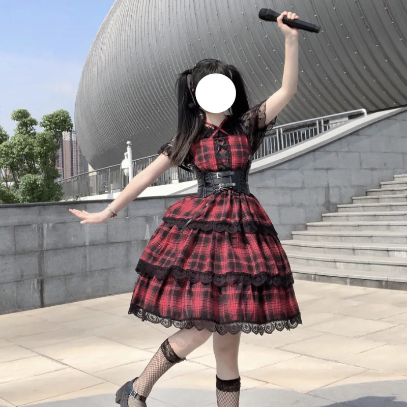 

Винтажное клетчатое платье Lolita, японский стиль, высокая талия, JSK, готическое, Loli, милое, каваи, платье