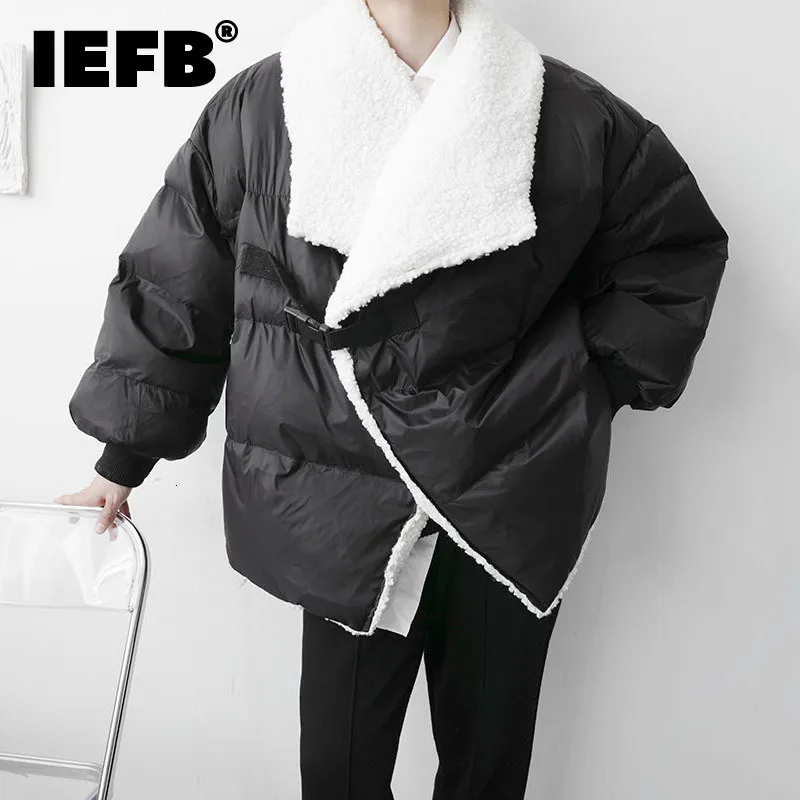 

IEFB Korean Chic Menswear Colorblocked Faux Lamb Wool Short Cotton Jacket New Loose Lapel Lace Up Short Coat Tide Winter 2021