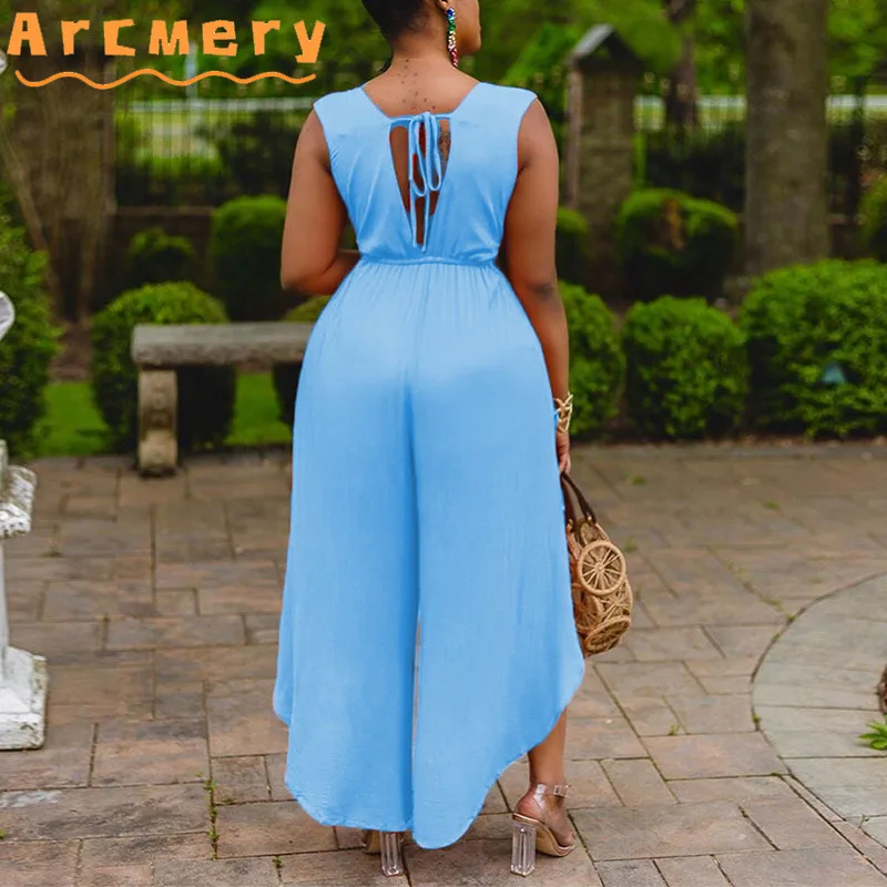 

Women Plus Size Solid Color Sleeveless V-neck Wide Leg Jumpsuits