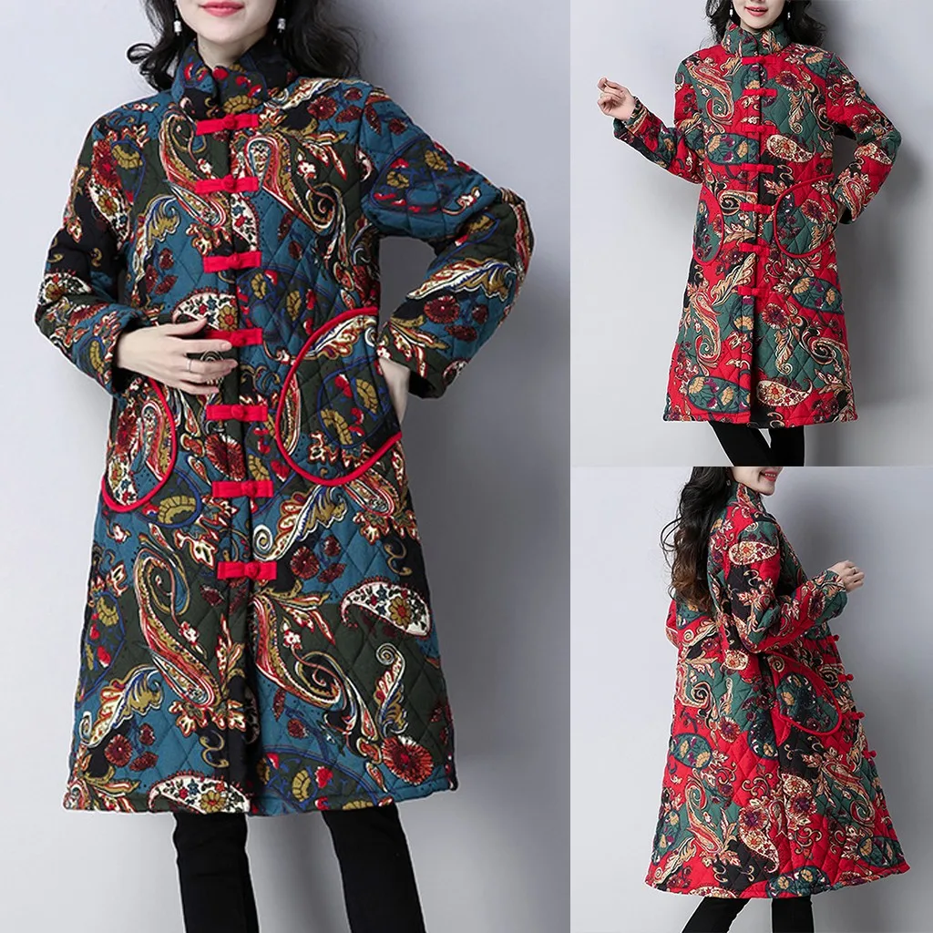 SAGACE зимнее женское теплое однобортное длинное пальто с принтом в фольклорном