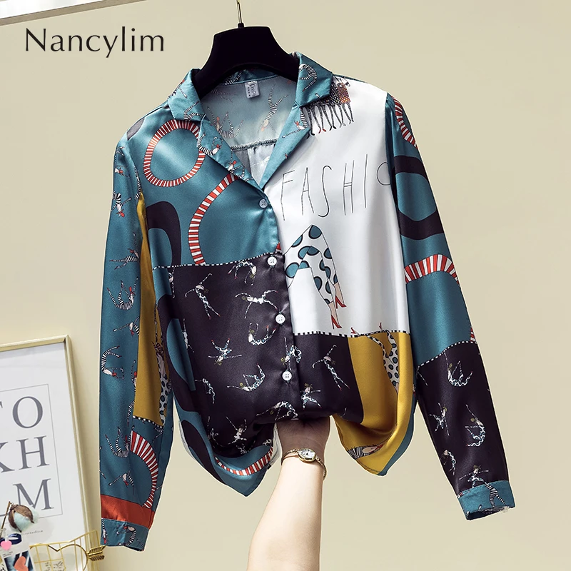 Контрастная шифоновая рубашка с принтом в стиле ретро Женская Осенняя Модная