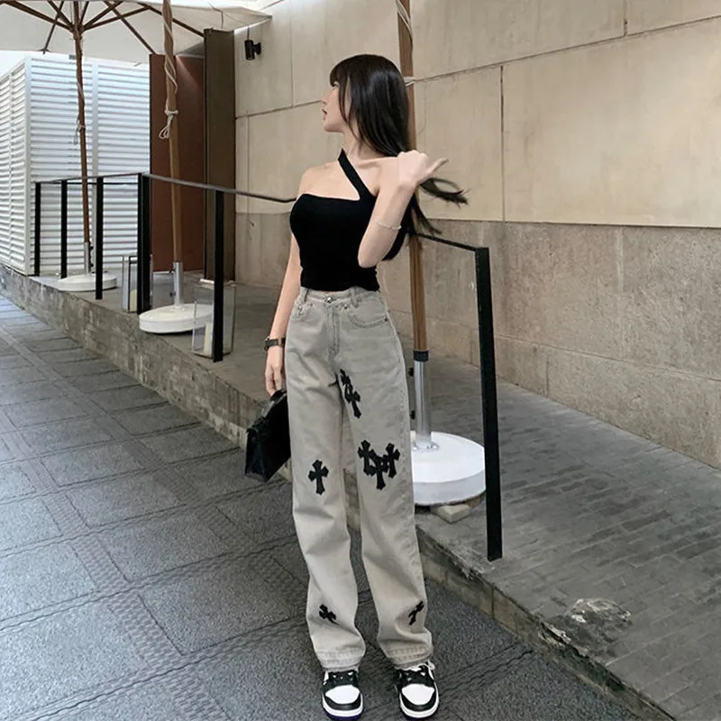 Streetwear Korean Fashion Cross Applique Jeans Woman High Waist Y2k Straight Baggy Pants Vintage Clothes Denim Trousers
