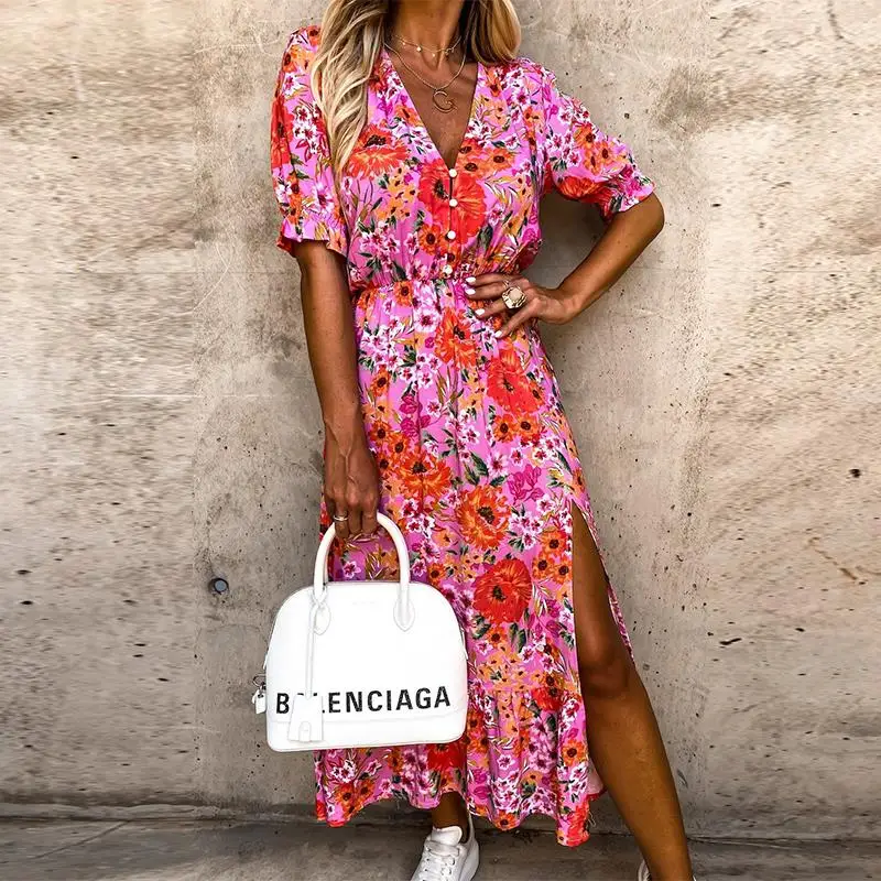 

Floral Print Slim V-neck Long Shirt Dress Women Button Split Dress Autumn Long Sleeve Party Elastic Waist Maxi Dress 2021 New