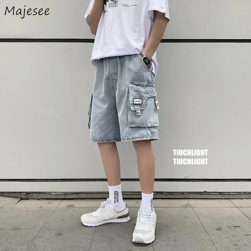 

Men Jeans Denim Loose Knee Length Casual Side Pockets Summer Cargo Bottoms Student Streetwear Ulzzang Harajuku Fashion Chic New