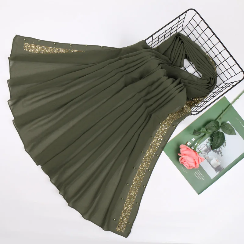 Plain Luxury Diamond Beads Bubble Chiffon Instant Hijab Ladies Stitch Chain Shawls and Wraps Bufandas Muslim Sjaal 180*75Cm