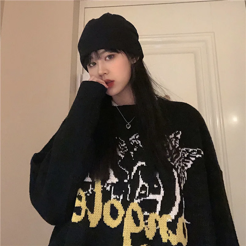 Woherb Stylish Vintage Sweater Jumpers for Women Harajuku Streetwear 2022 Autumn Winter Angel Print Female Knitted Pullovers | Женская