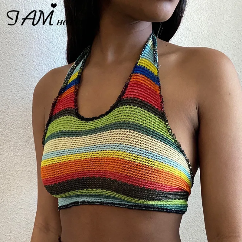 Полосатые трикотажные носки с лямкой на шее кроп топы футболки женское