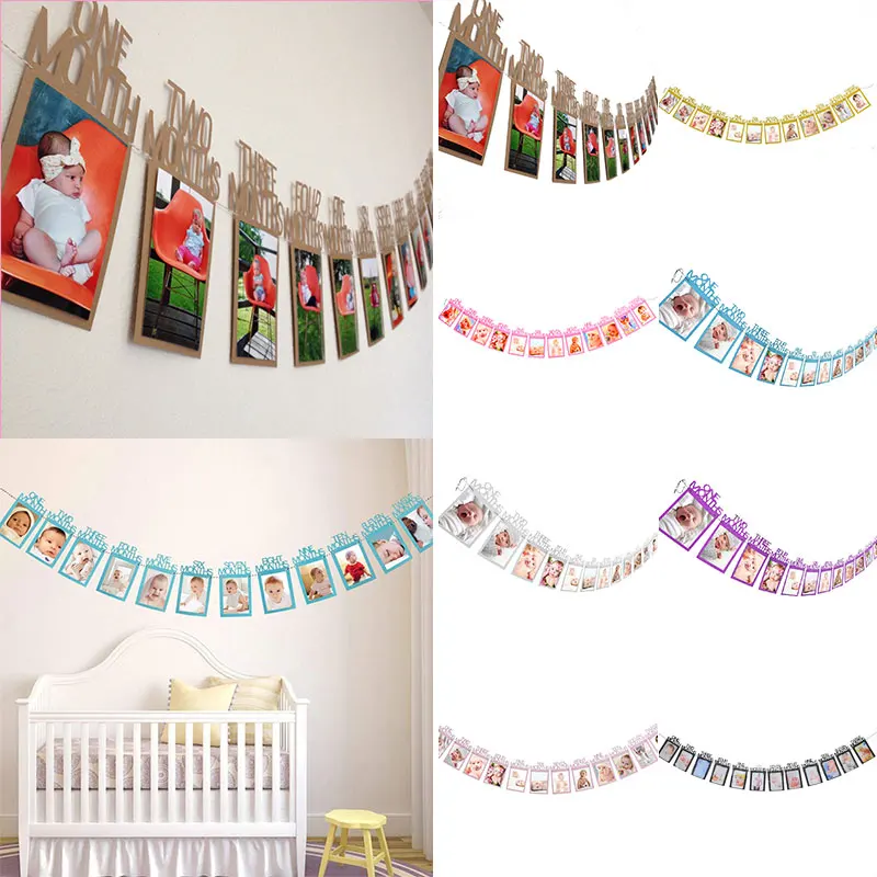 

Hot Sold 1Set Happy Birthday Photo Banner Birthday Party Decoration Baby Shower First 1st Birthday Flag ONE Year Bunting Garland