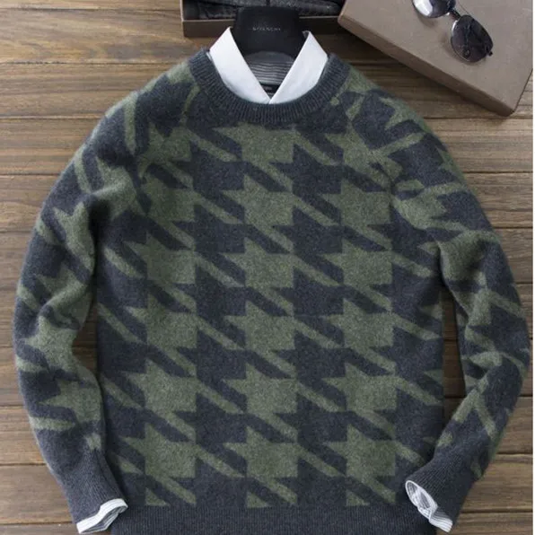 Gray green Осенние и зимние Новые короткие кашемировые свитера мужские с круглым вырезом утолщение головы мужской свитер вязаная одежда свитер большого размера - Цвет: Gray green