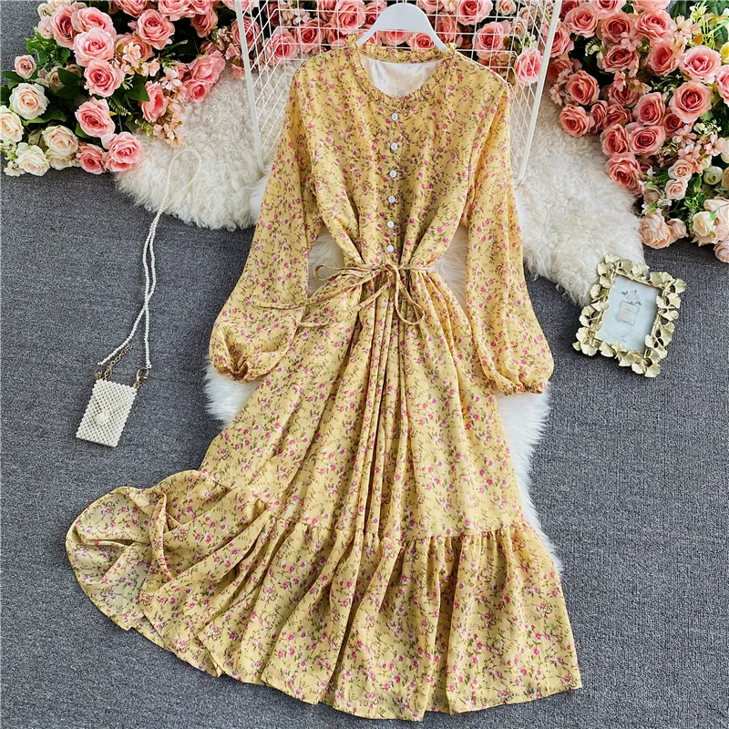 

Женское винтажное шифоновое платье миди, Элегантное однобортное платье с оборками, круглым вырезом и длинным рукавом-фонариком, весна-осен...