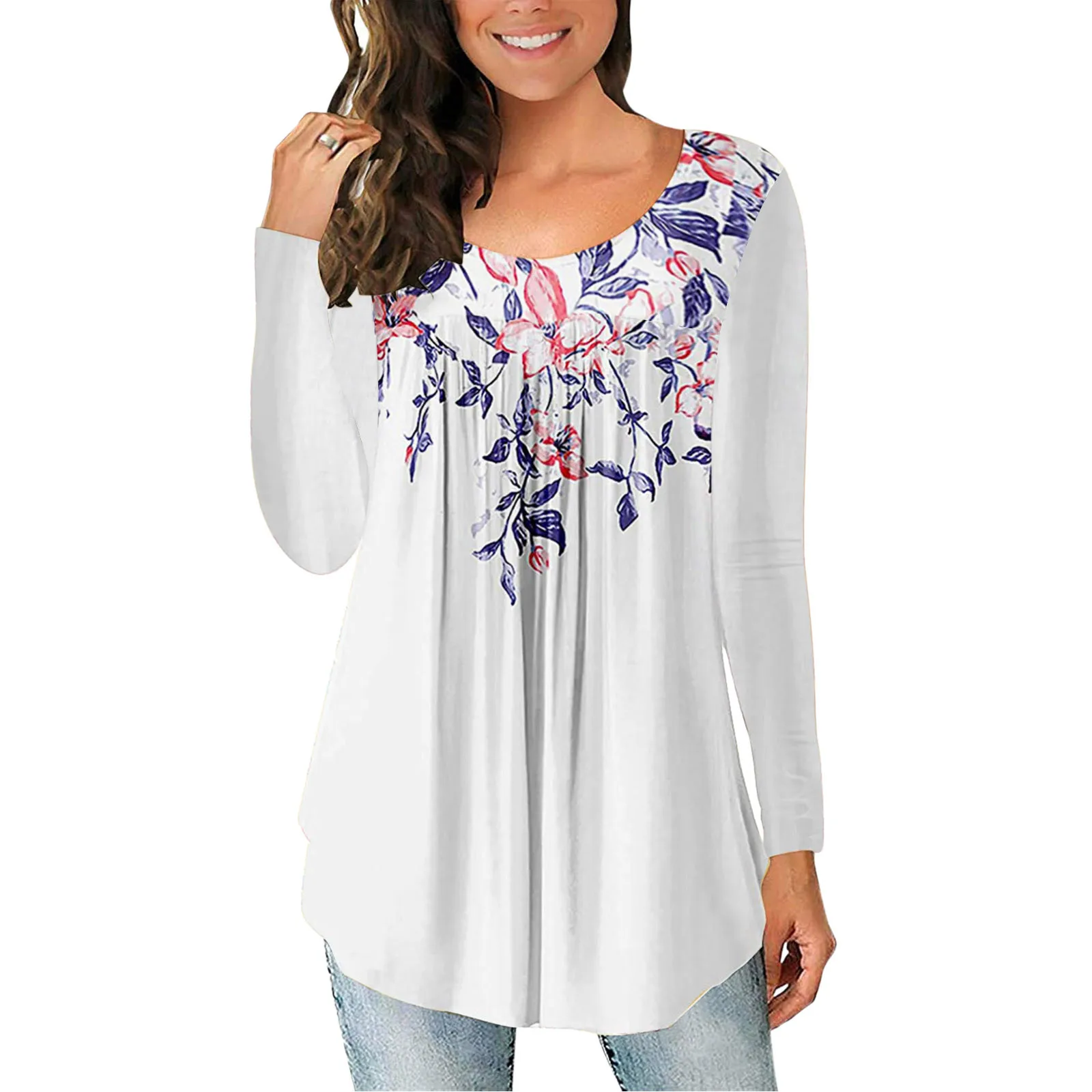 

Женская Асимметричная одежда с морщинами, повседневный женский топ с круглым вырезом и длинными рукавами, модная удлиненная женская одежда...