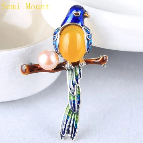 

Cloisonne Enamel 925Sterling Silver Women Brooch Semi Mount for 10x14mm Oval Cabochon Amber Agate Opal Fine Jewelry Setting Bird