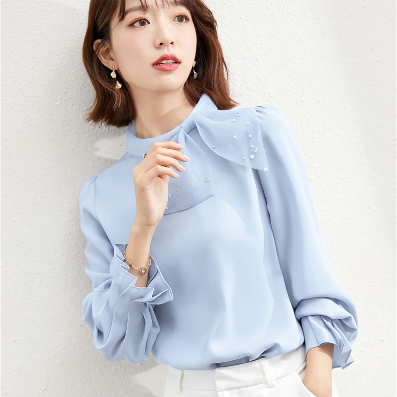 

Bowknot chiffon shirt long sleeve new 2021 spring blouse Beaded Chiffon professional shirt Streetwear Regular Bow