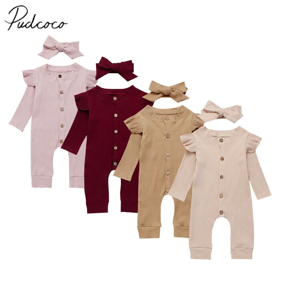 Baby Spring Autumn Clothing Newborn Baby Girl Boy Ribbed Clothes Knitted Cotton Romper Jumpsuit Solid 2PCS Outfits